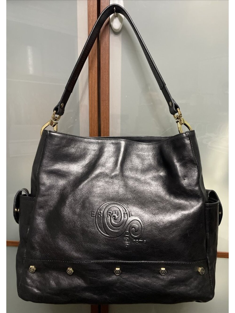 Sergio Cerruti Roma Vintage Large Black Leather Logo Shoulder Hobo Handbag Purse - Picture 2 of 14